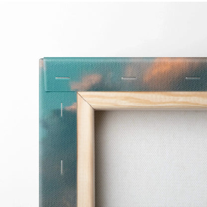 Close-up of stretched canvas corner with wooden frame for vibrant beach sunset wall art print.