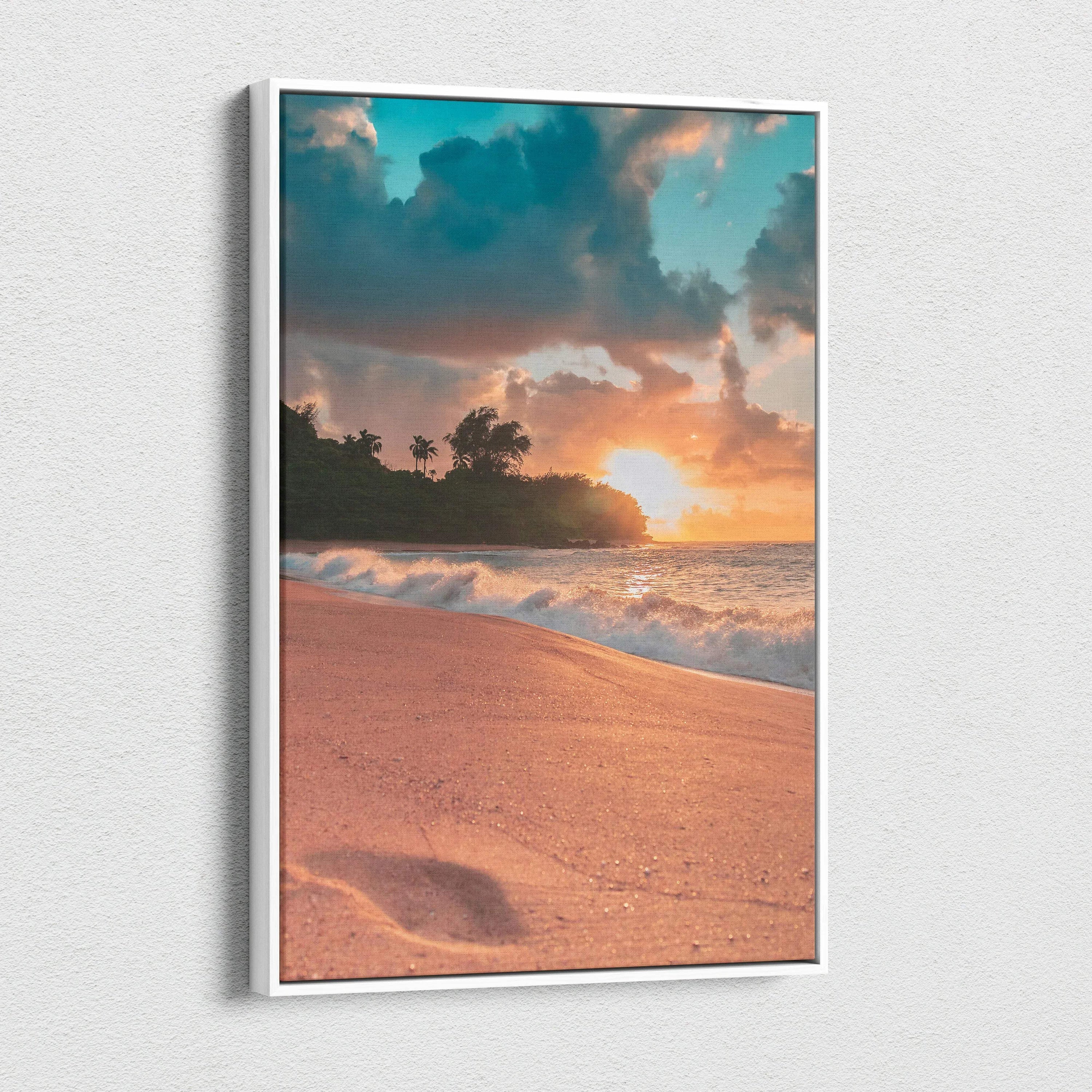 Vibrant beach sunset canvas wall art with colorful sky and sandy shore in vertical format.