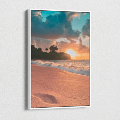 Vibrant beach sunset canvas wall art with colorful sky and sandy shore in vertical format.