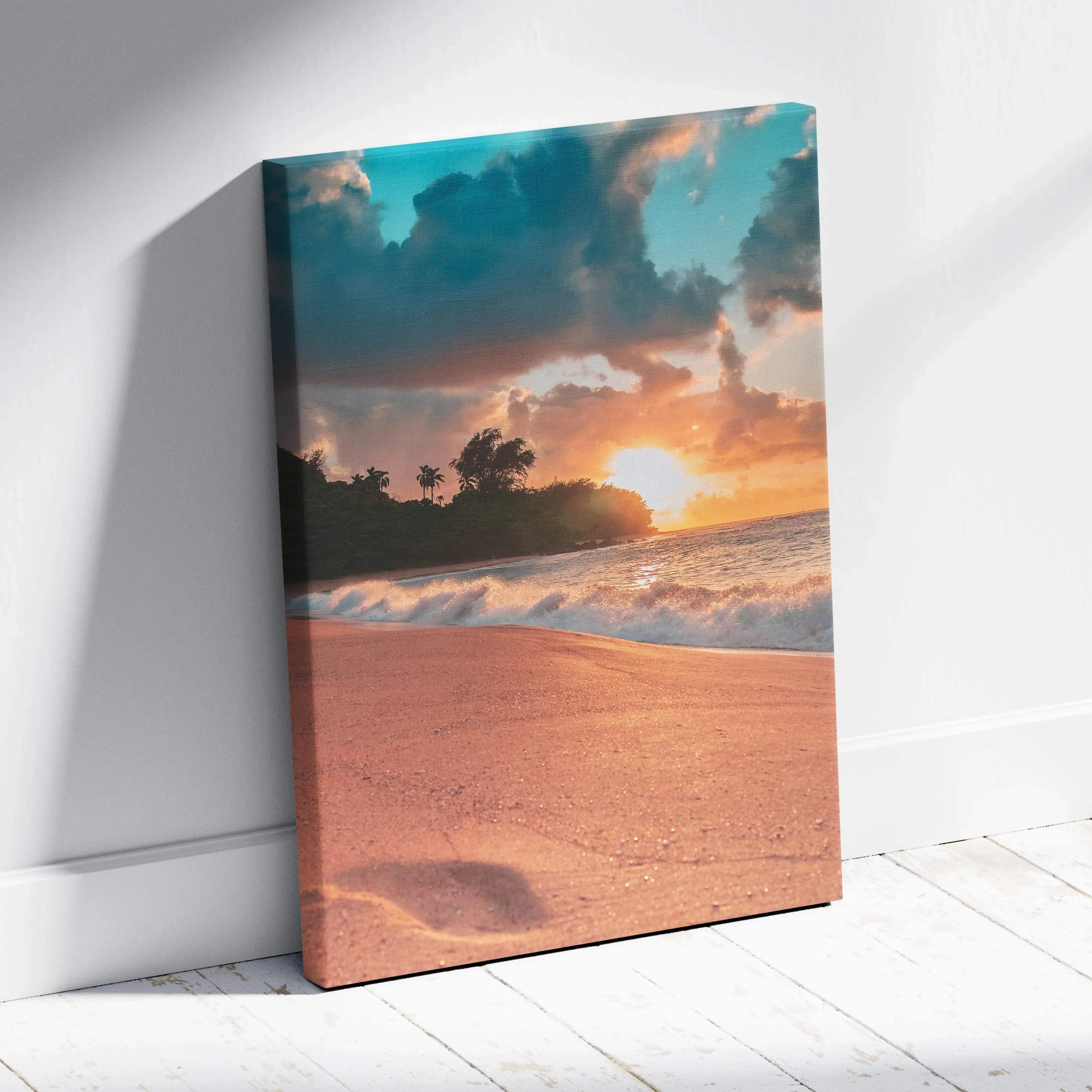 Vibrant beach sunset canvas wall art with colorful sky and waves on sandy shore.