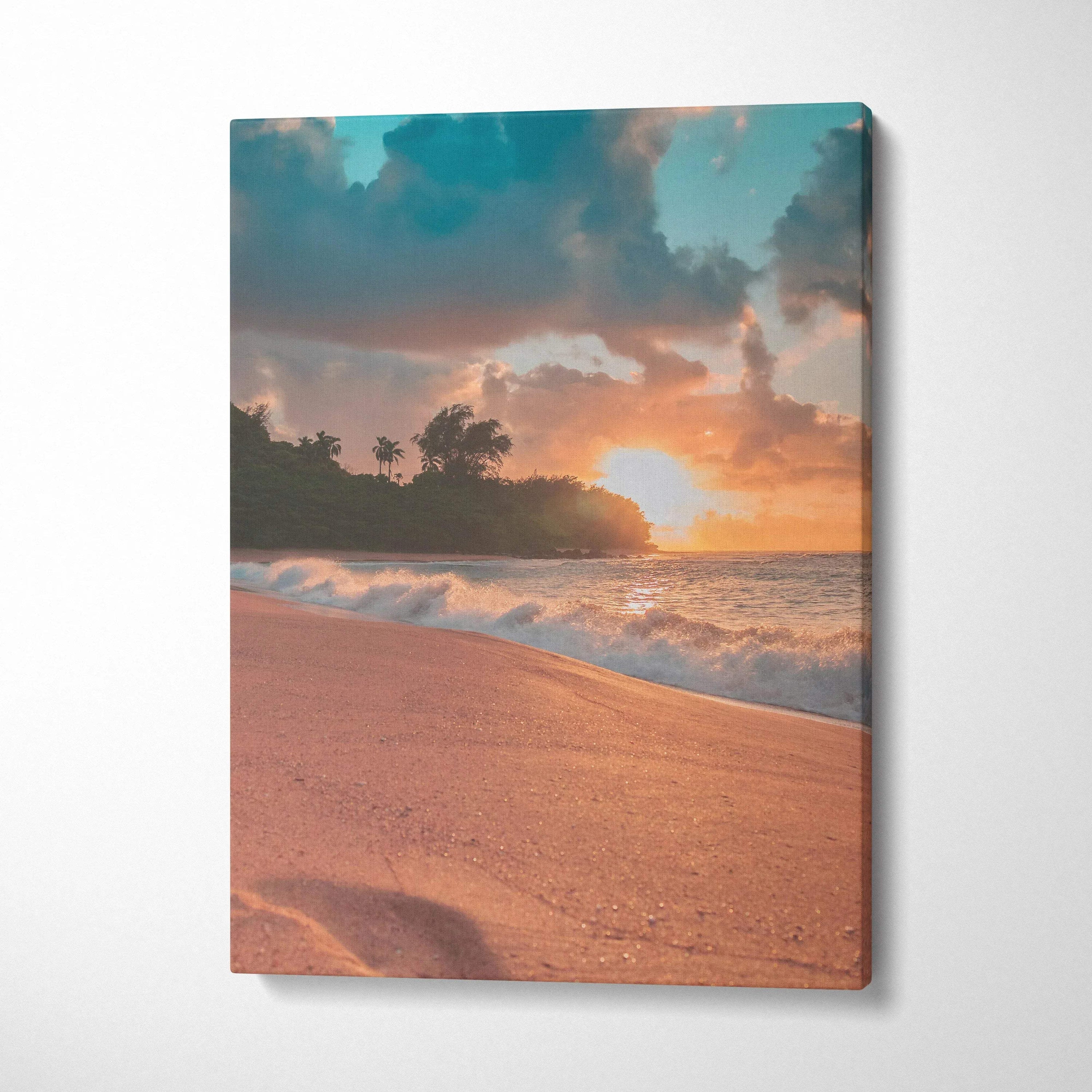 Vibrant beach sunset canvas wall art with colorful sky and ocean waves on sandy shore.
