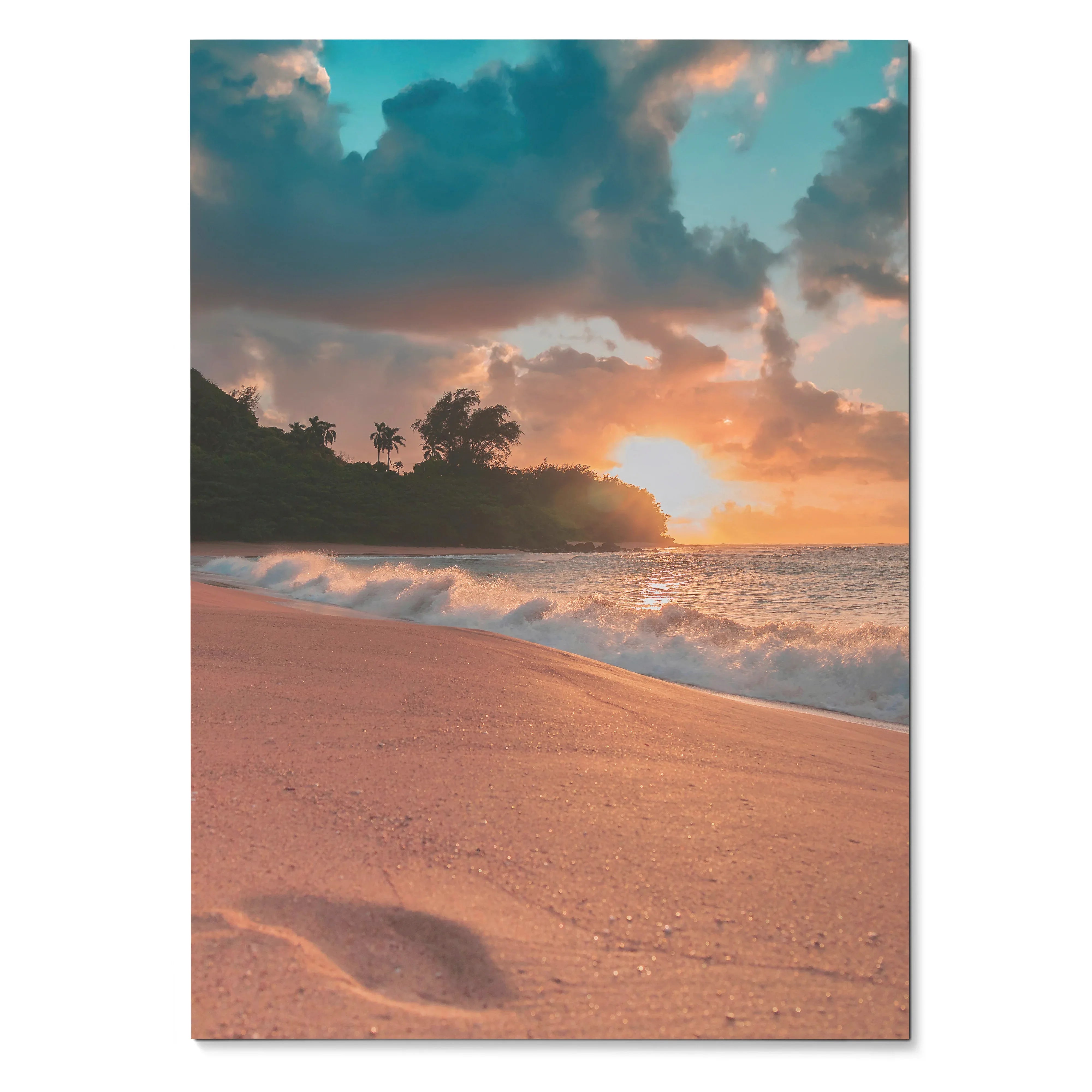 Serene beach ocean sunset poster with golden waves and silhouetted trees wall art.