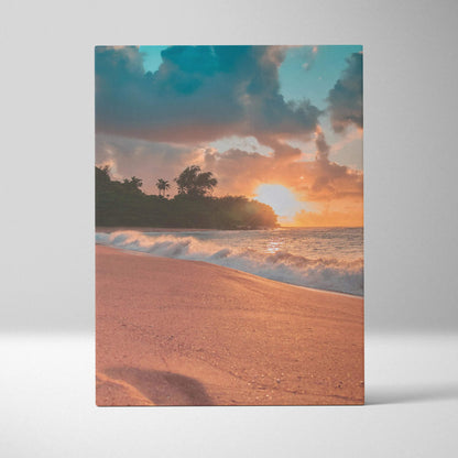 Vibrant beach sunset canvas wall art print with golden sand and dramatic clouds over ocean waves.