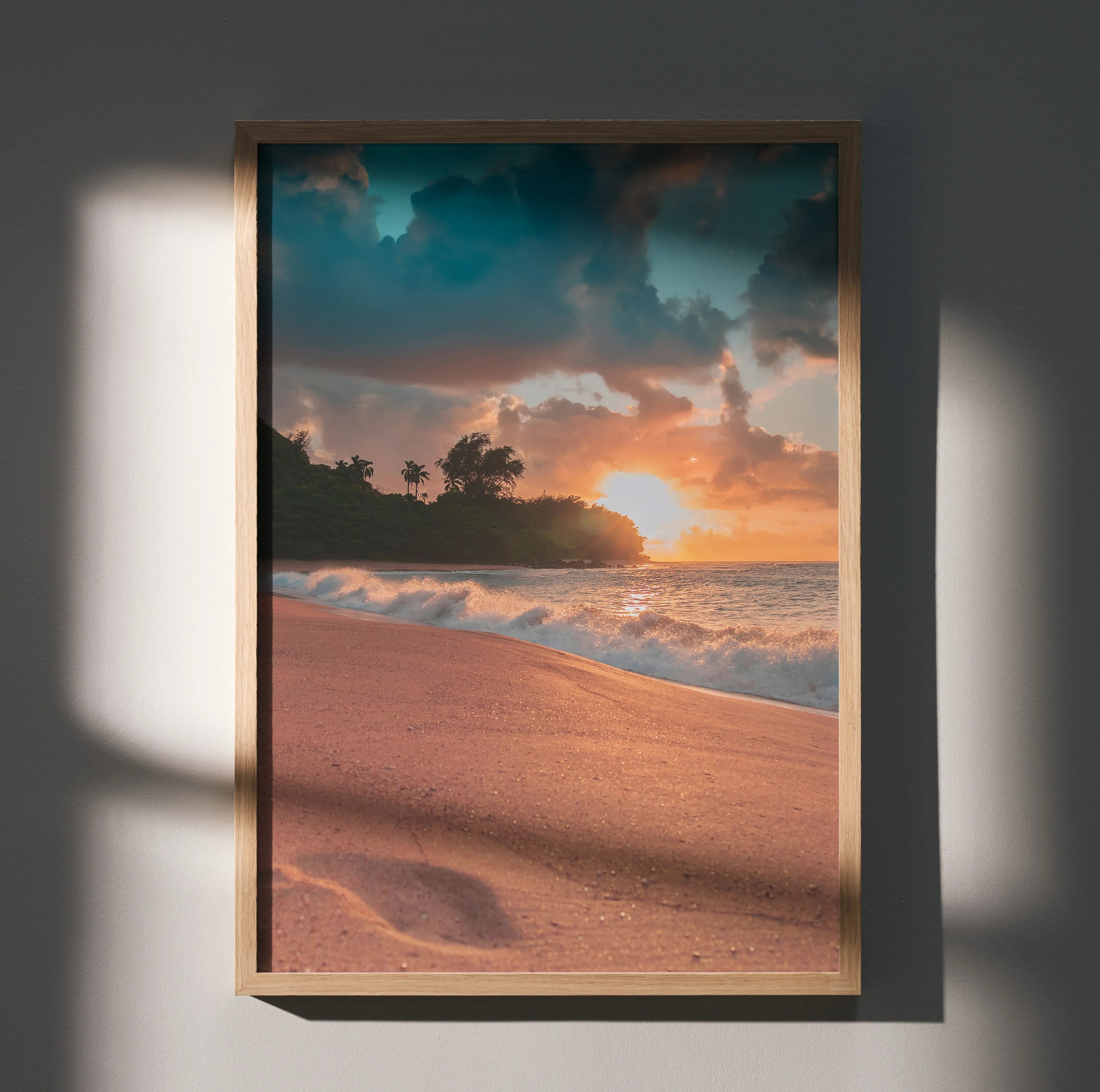Serene beach sunset poster with ocean waves and silhouetted palm trees wall art.