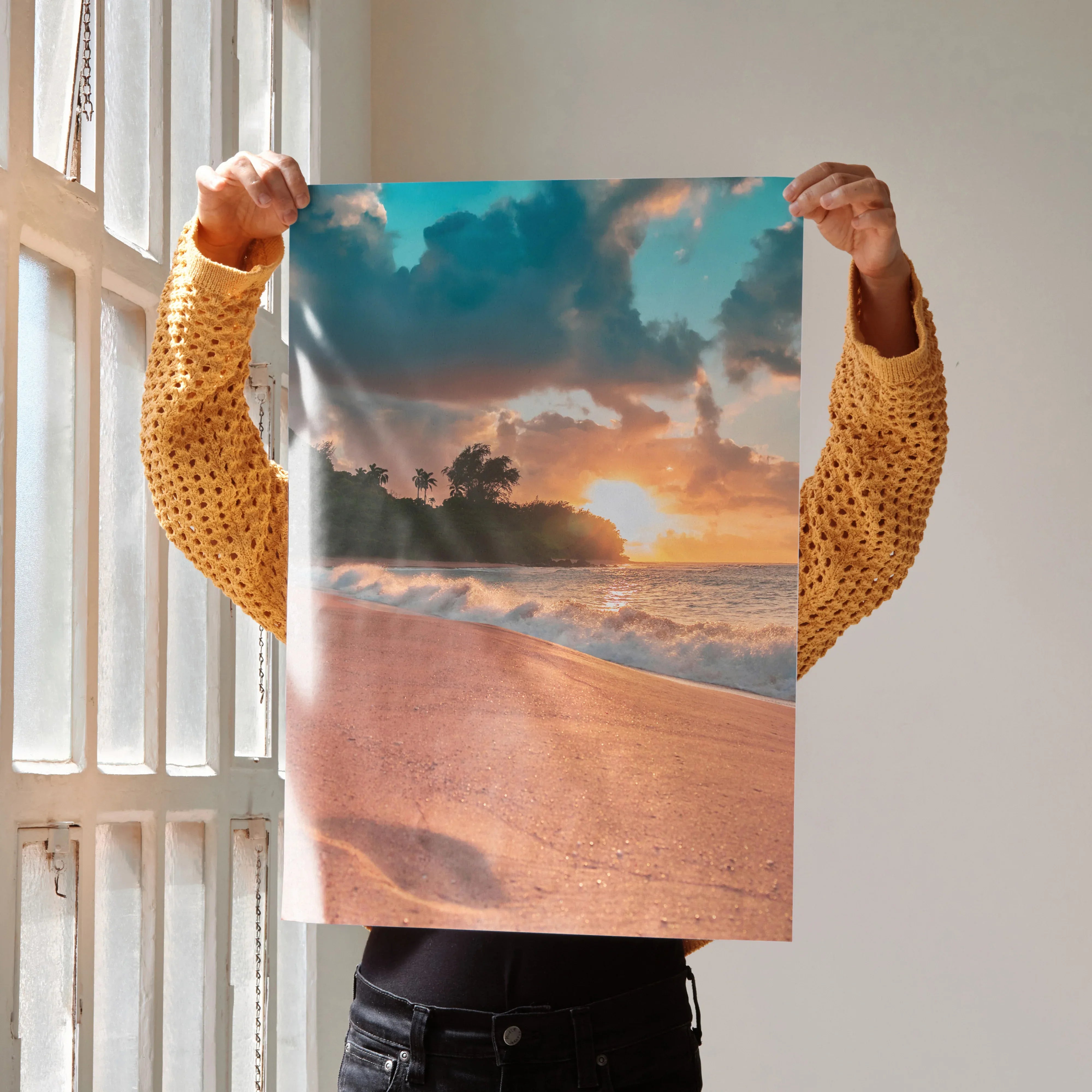 Serene beach sunset poster with ocean waves and palm trees wall art in warm orange and blue tones.