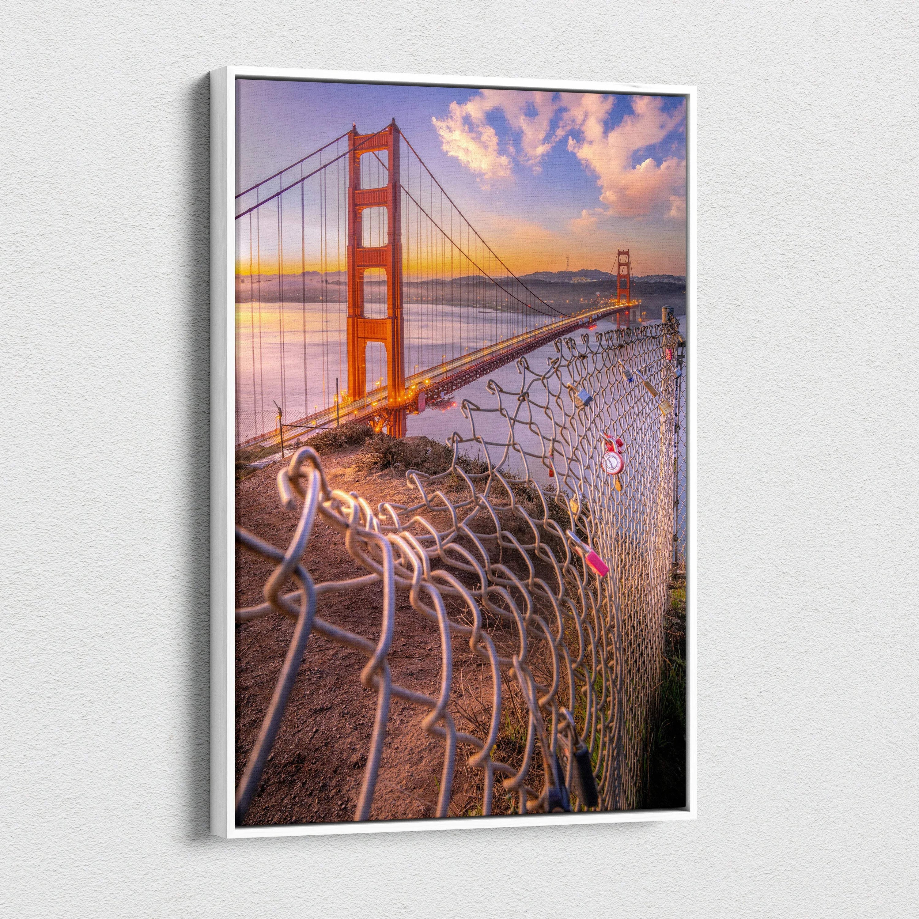 Golden Gate Bridge sunset view with chain-link fence foreground on vertical canvas wall art.