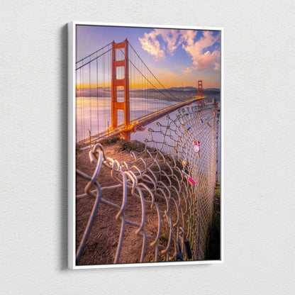 Golden Gate Bridge sunset view with chain-link fence foreground on vertical canvas wall art.