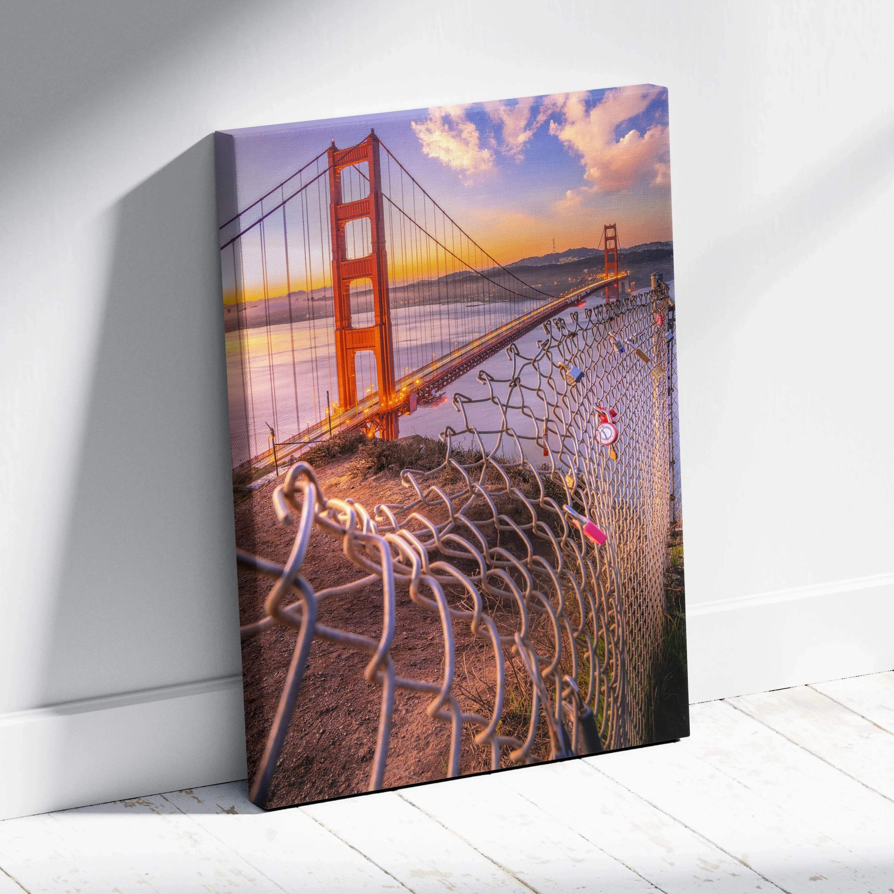 Golden Gate Bridge at sunset with colorful sky on vertical canvas wall art.