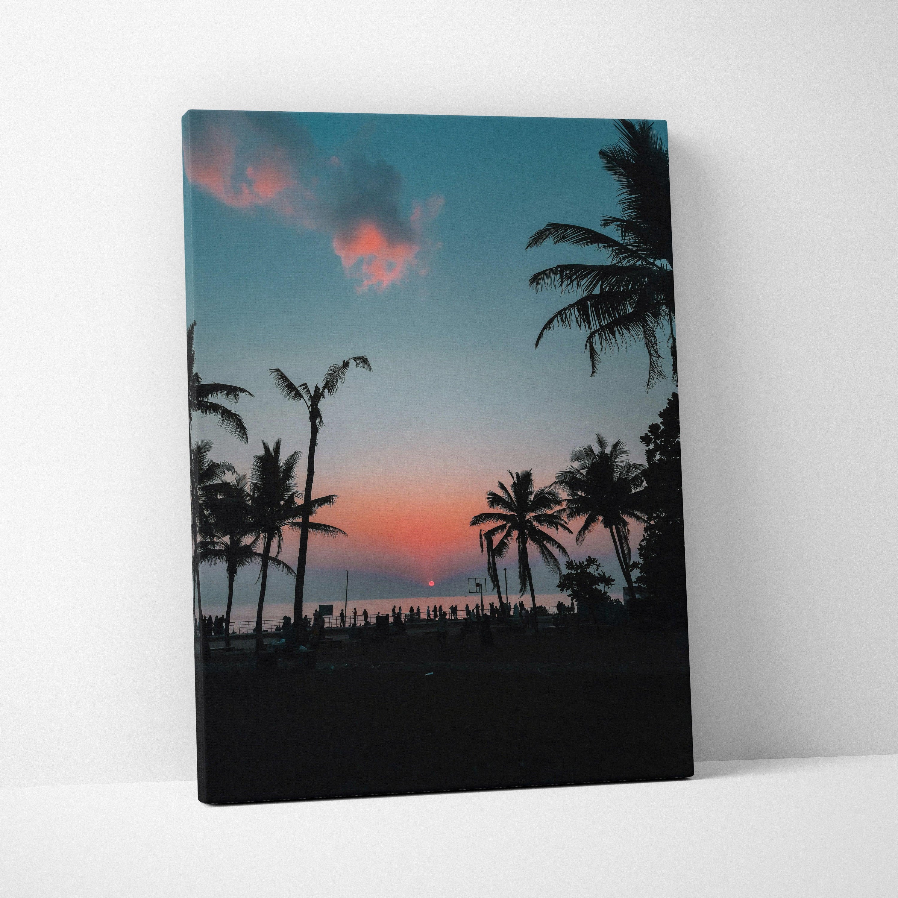 Ocean sunset beach scene with palm trees silhouette on canvas wall art.
