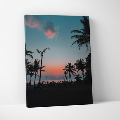 Ocean sunset beach scene with palm trees silhouette on canvas wall art.