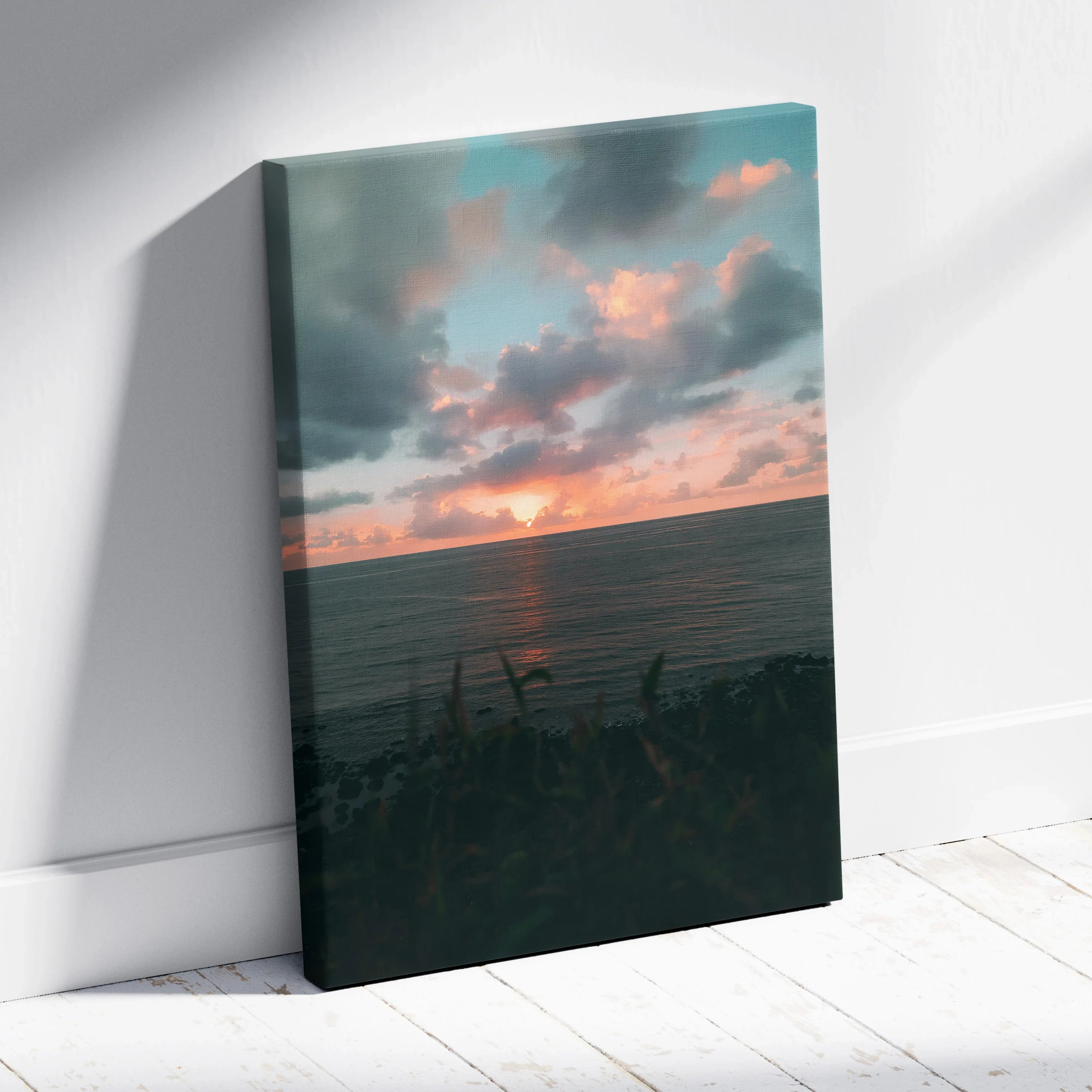 Canvas wall art featuring a dramatic beach sunset with vibrant clouds over the ocean.