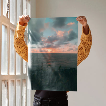 Ocean sunset beach scene with vibrant pink and blue sky poster wall art.