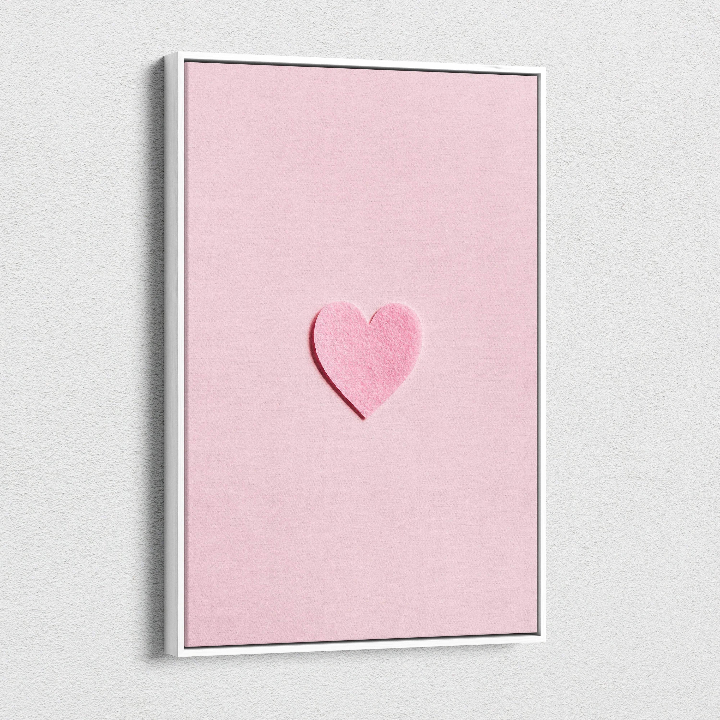 Minimal pink felt heart on pastel pink canvas wall art Valentine flat lay