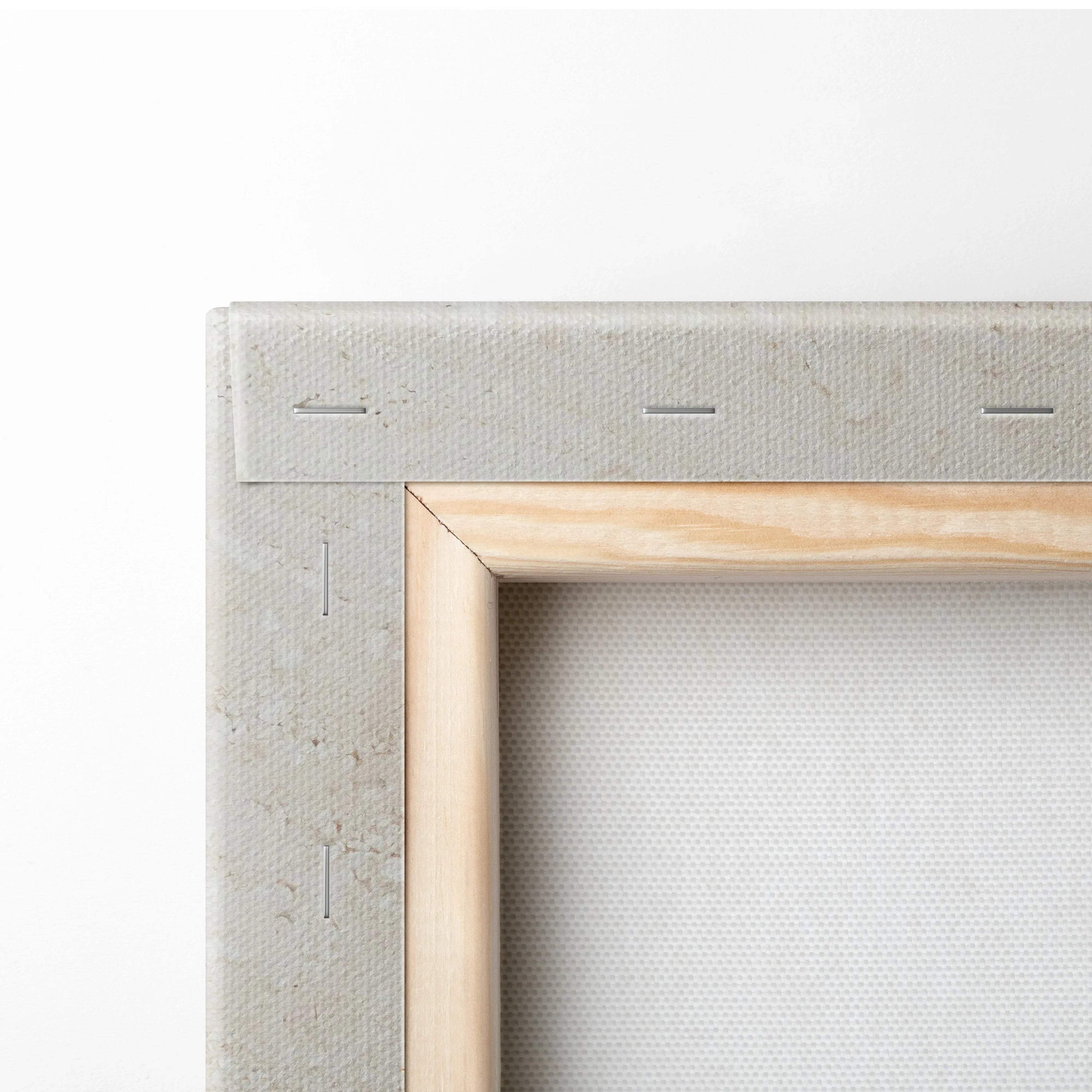Back of beige marble texture canvas wall art in light wood frame with gray backing
