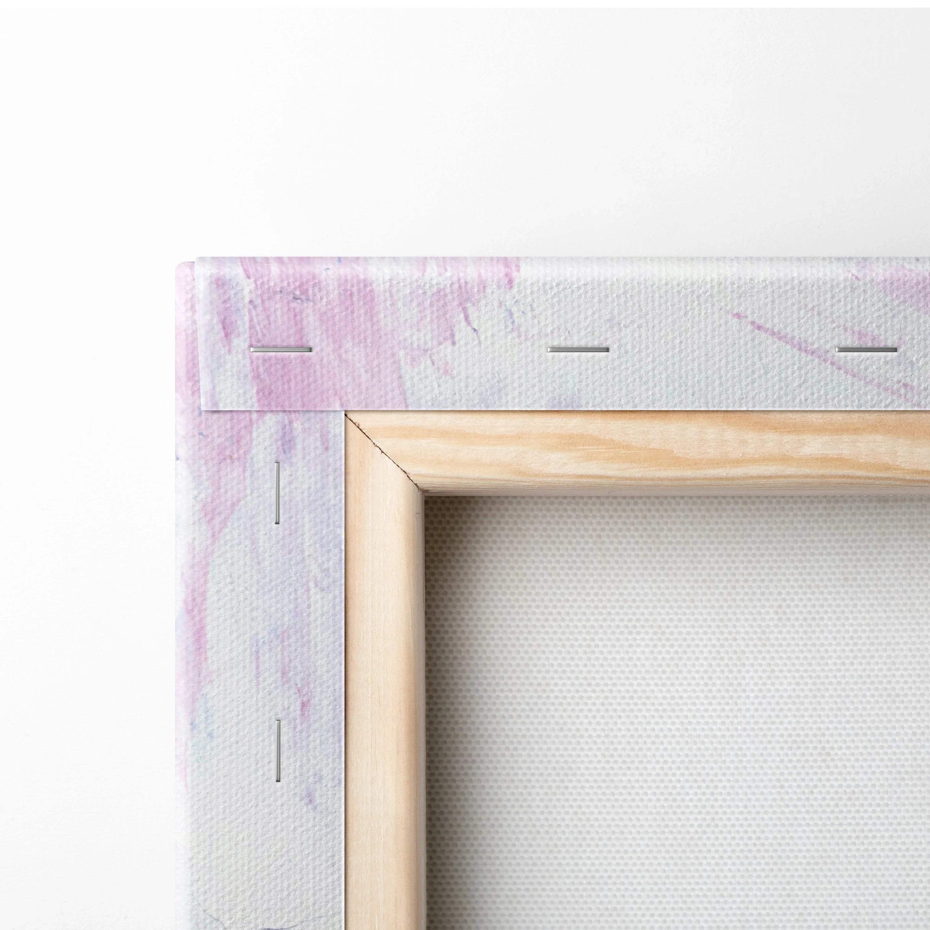 Light wood-framed canvas with watercolor lavender white border and pastel impasto texture