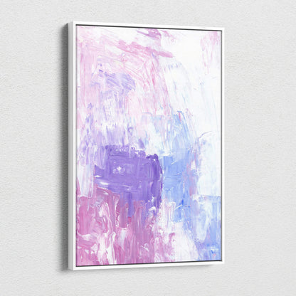 Framed abstract pastel acrylic canvas wall art in soft pink lavender light blue impasto texture