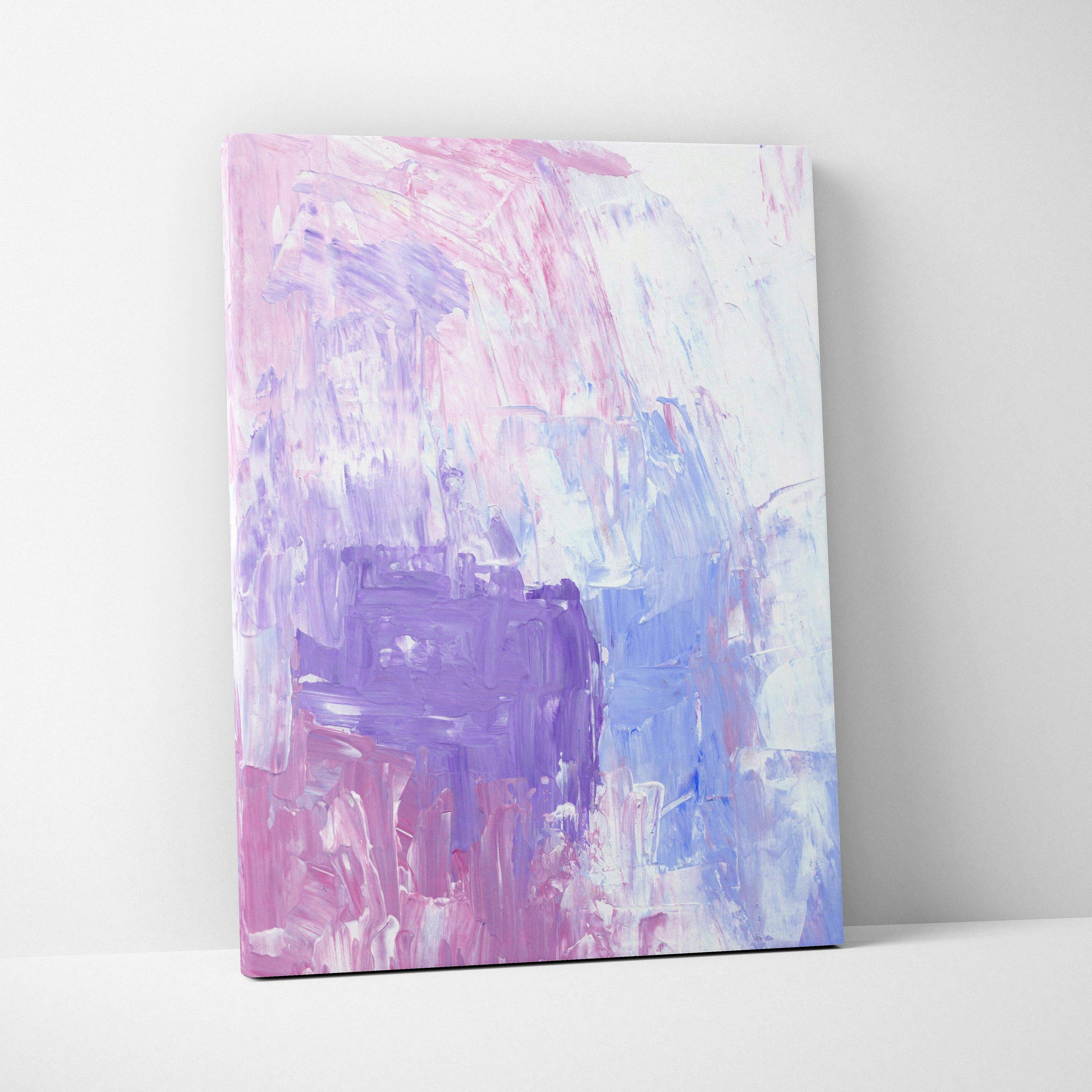Abstract pastel acrylic canvas wall art in soft pink, lavender, blue impasto texture