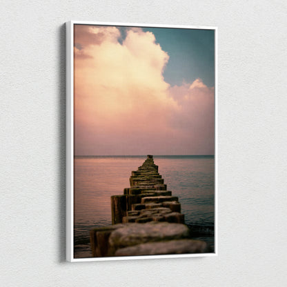 Vertical ocean sunset canvas wall art with wooden pier leading into calm water under pastel sky.