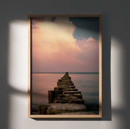 Serene Ocean Sunset Beach Art Print Poster | Vertical - Throttle Designs