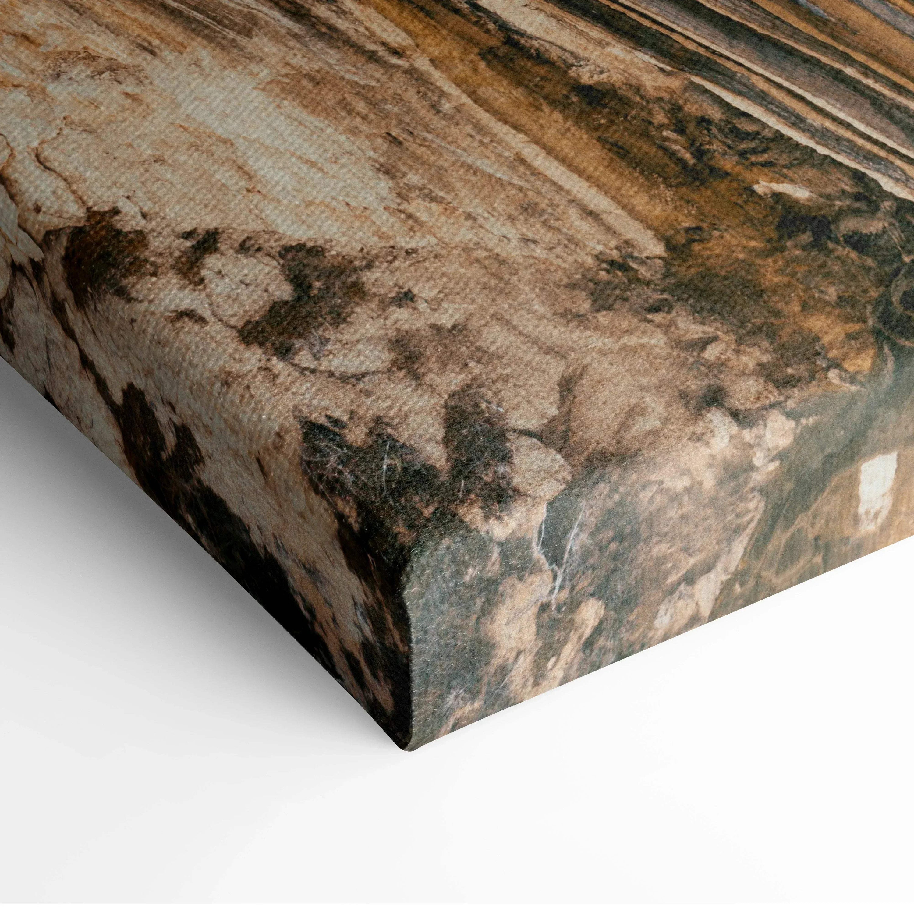 Canvas wall art featuring a close-up of textured mountain sunset painting with warm earthy tones.