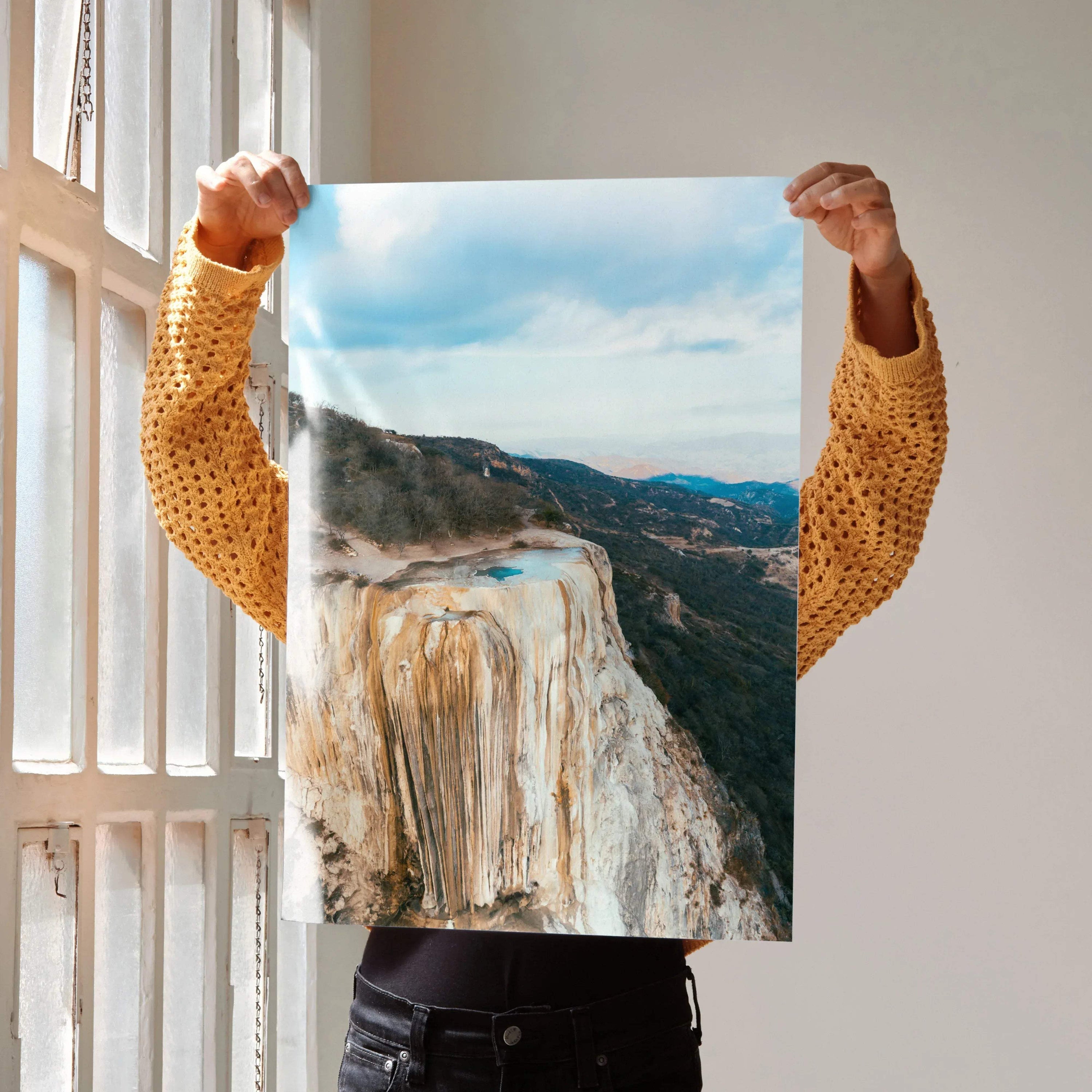 Majestic mountain landscape poster with rocky cliffs and cloudy blue sky wall art.