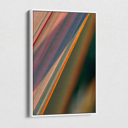 Abstract macro leaf canvas art in white frame with teal coral gold green stripes