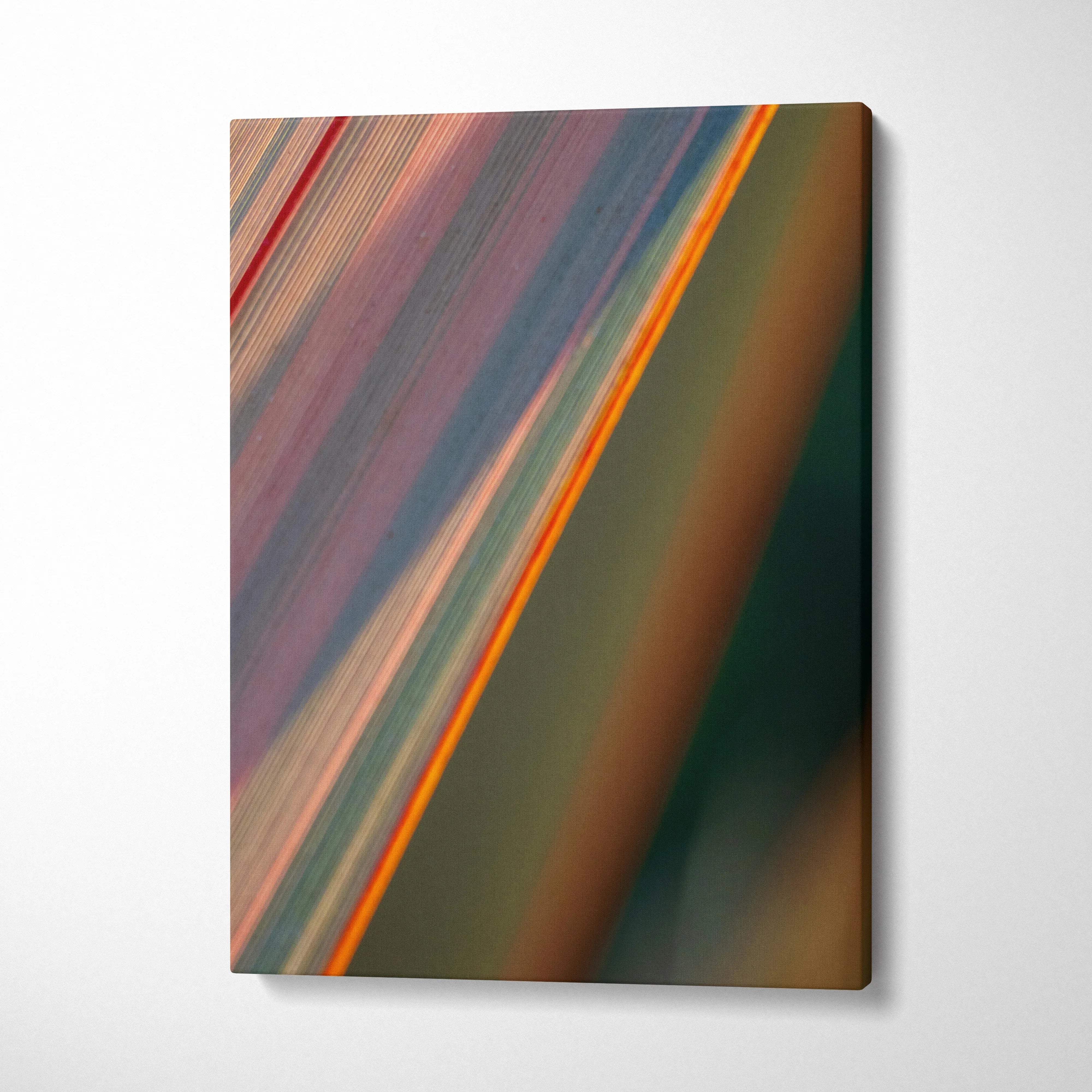 Abstract macro leaf canvas art with teal coral gold green stripes and orange accent