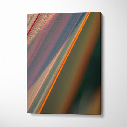 Abstract macro leaf canvas art with teal coral gold green stripes and orange accent