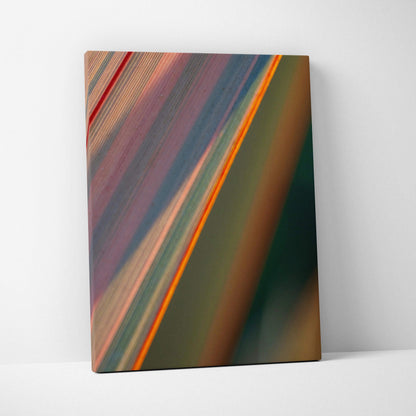 Abstract macro leaf canvas art with teal coral gold green stripes