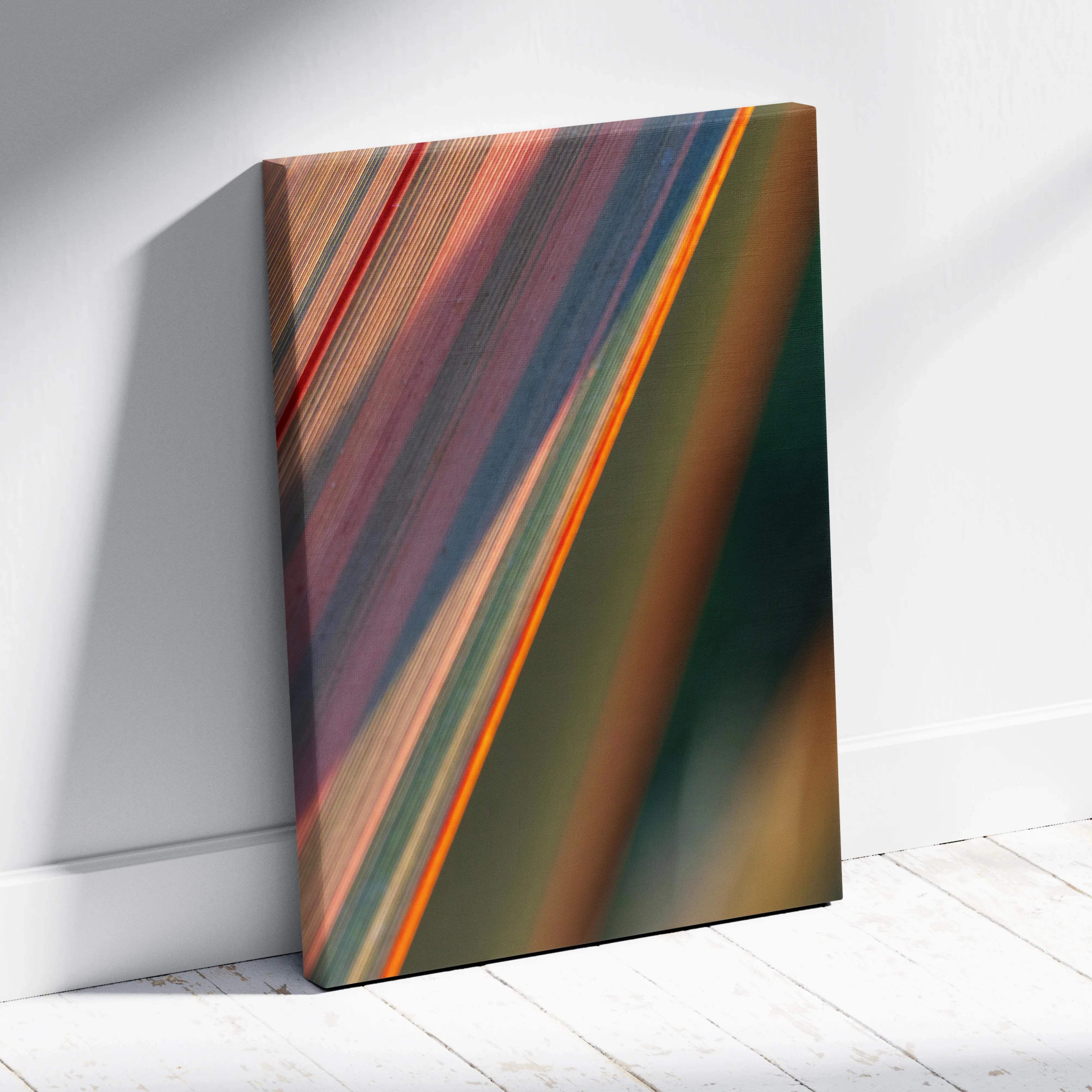 Abstract macro leaf canvas art with teal coral gold green stripes
