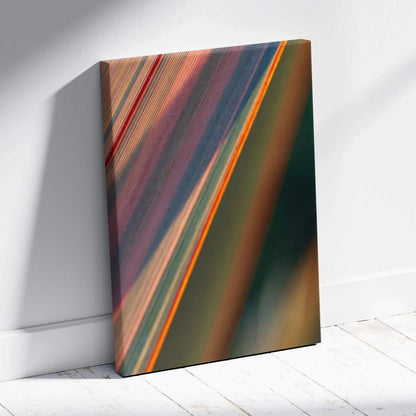 Abstract macro leaf canvas art with teal coral gold green stripes