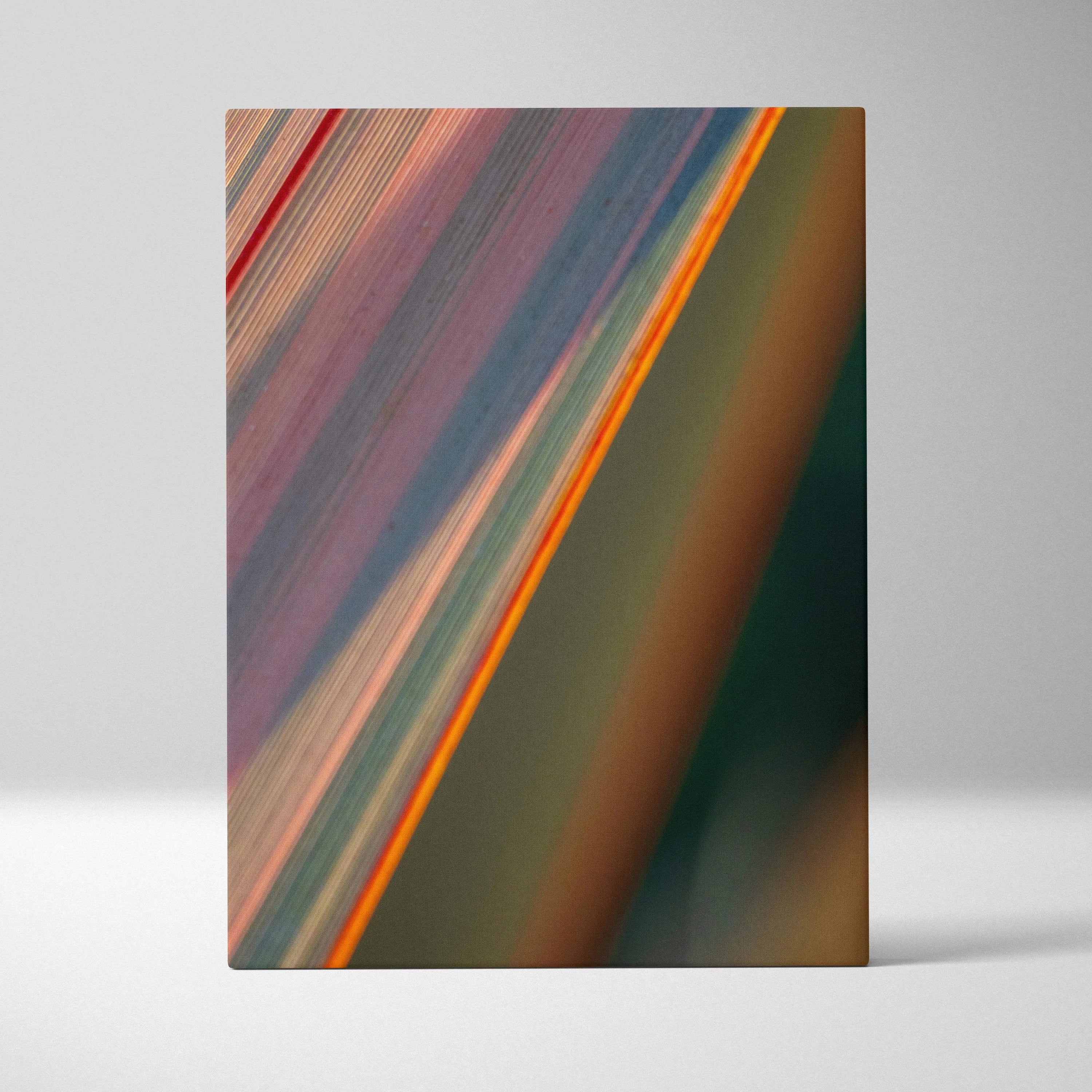 Abstract macro leaf canvas art in teal coral gold green with purple blue stripes