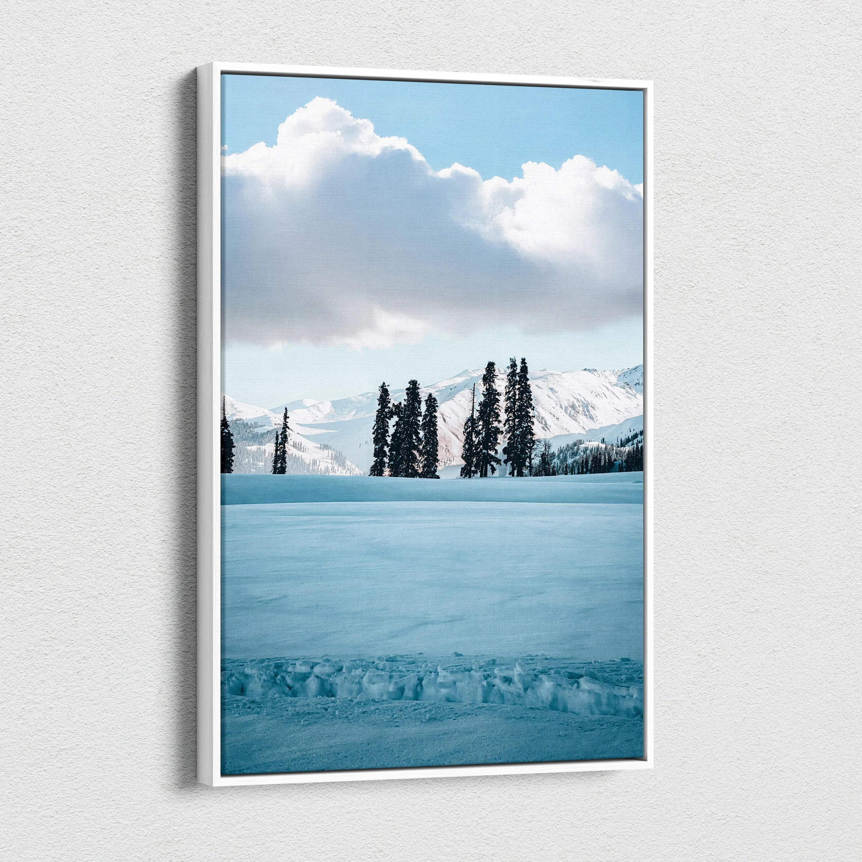 Vertical snowy mountain landscape with pine trees canvas wall art.