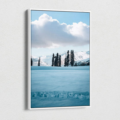 Vertical snowy mountain landscape with pine trees canvas wall art.