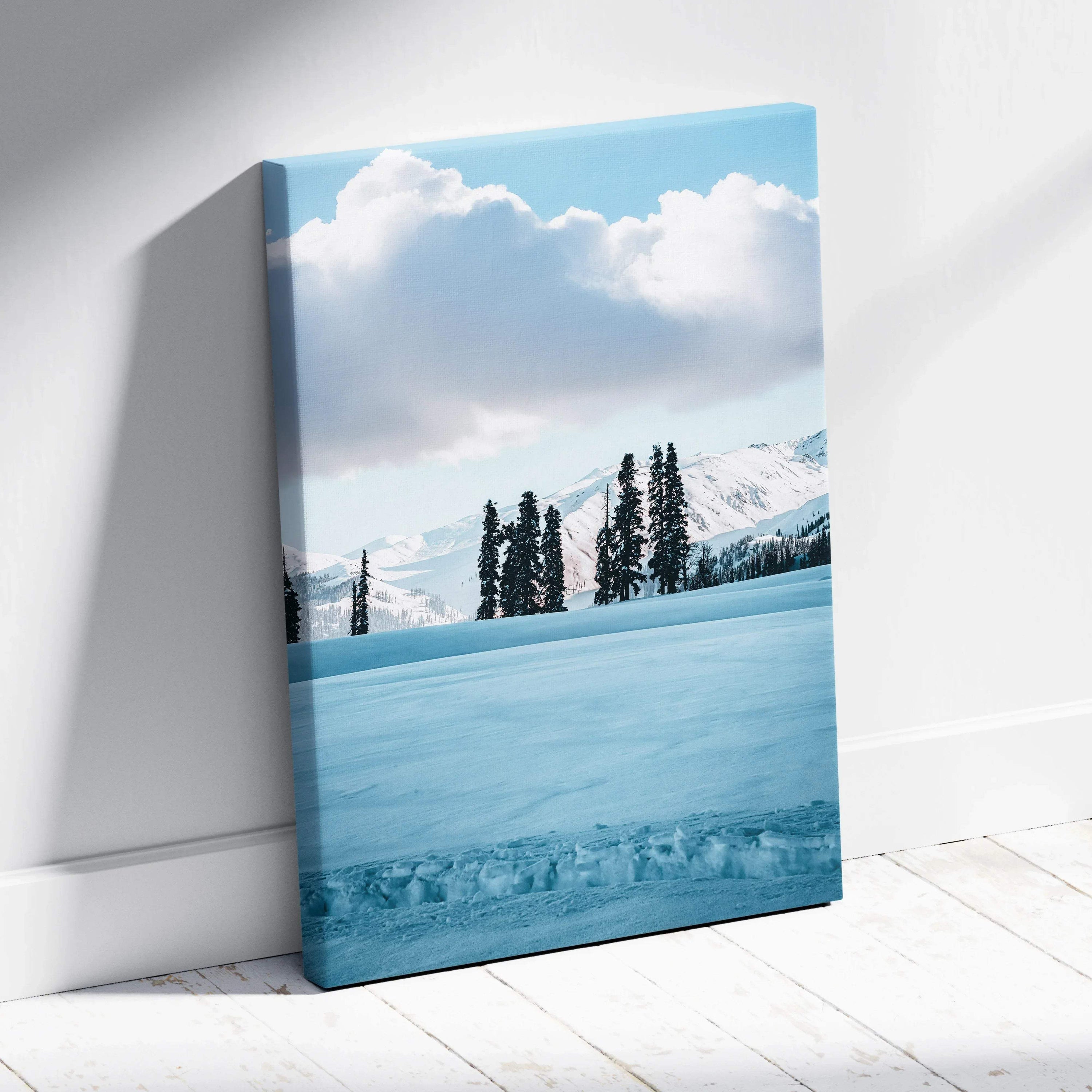 Winter snowy landscape with pine trees and mountains on canvas wall art.