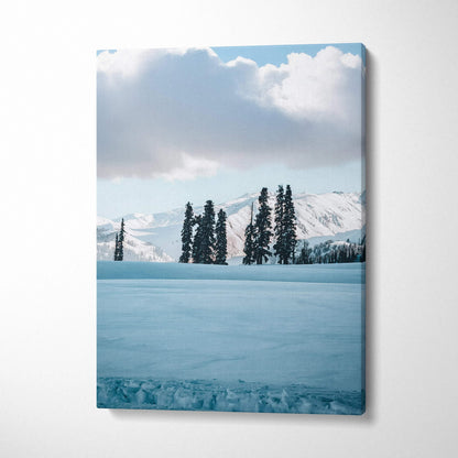 Vertical snowy mountain landscape with tall pine trees under cloudy sky canvas wall art.