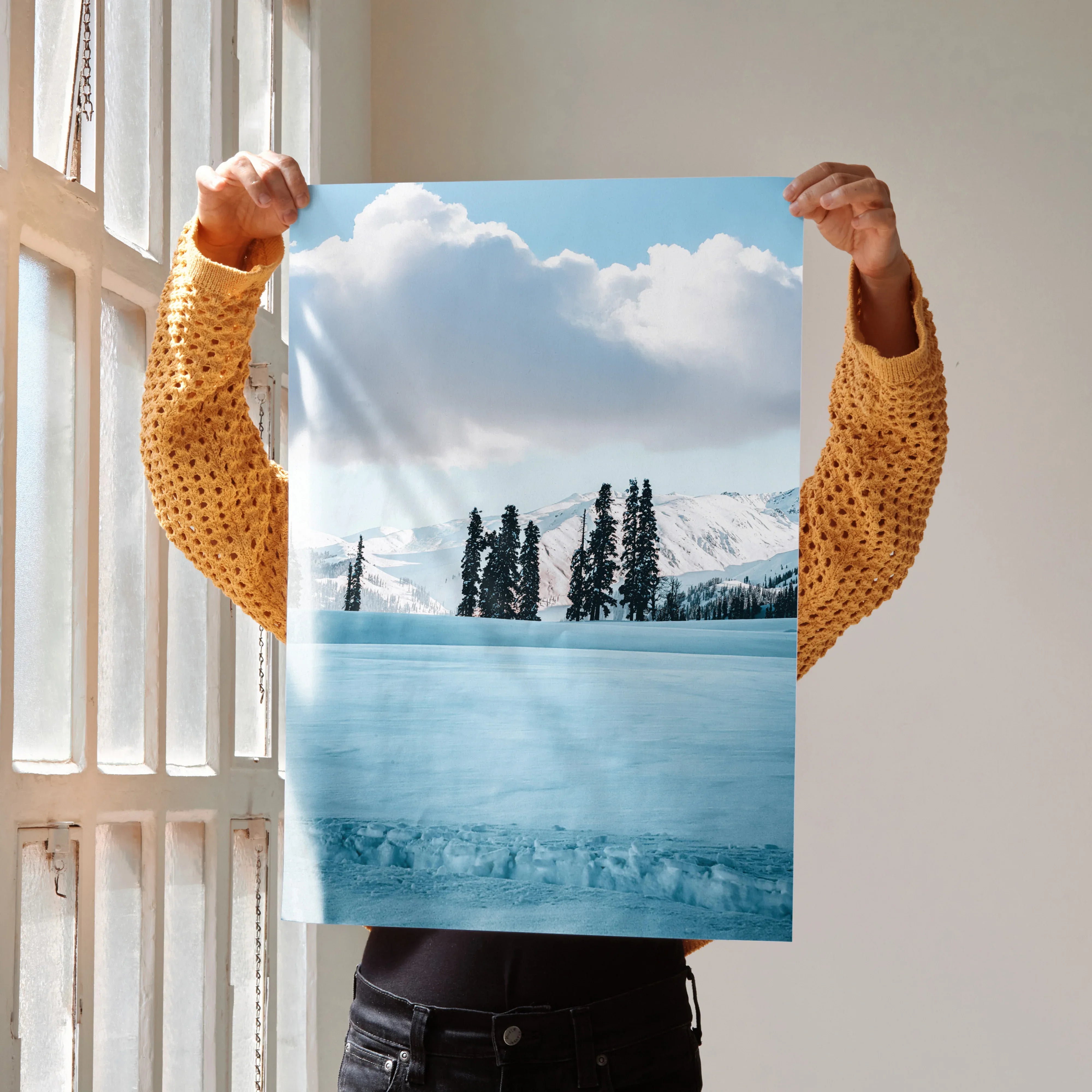 Snow-capped mountain poster with pine trees and blue sky wall art.
