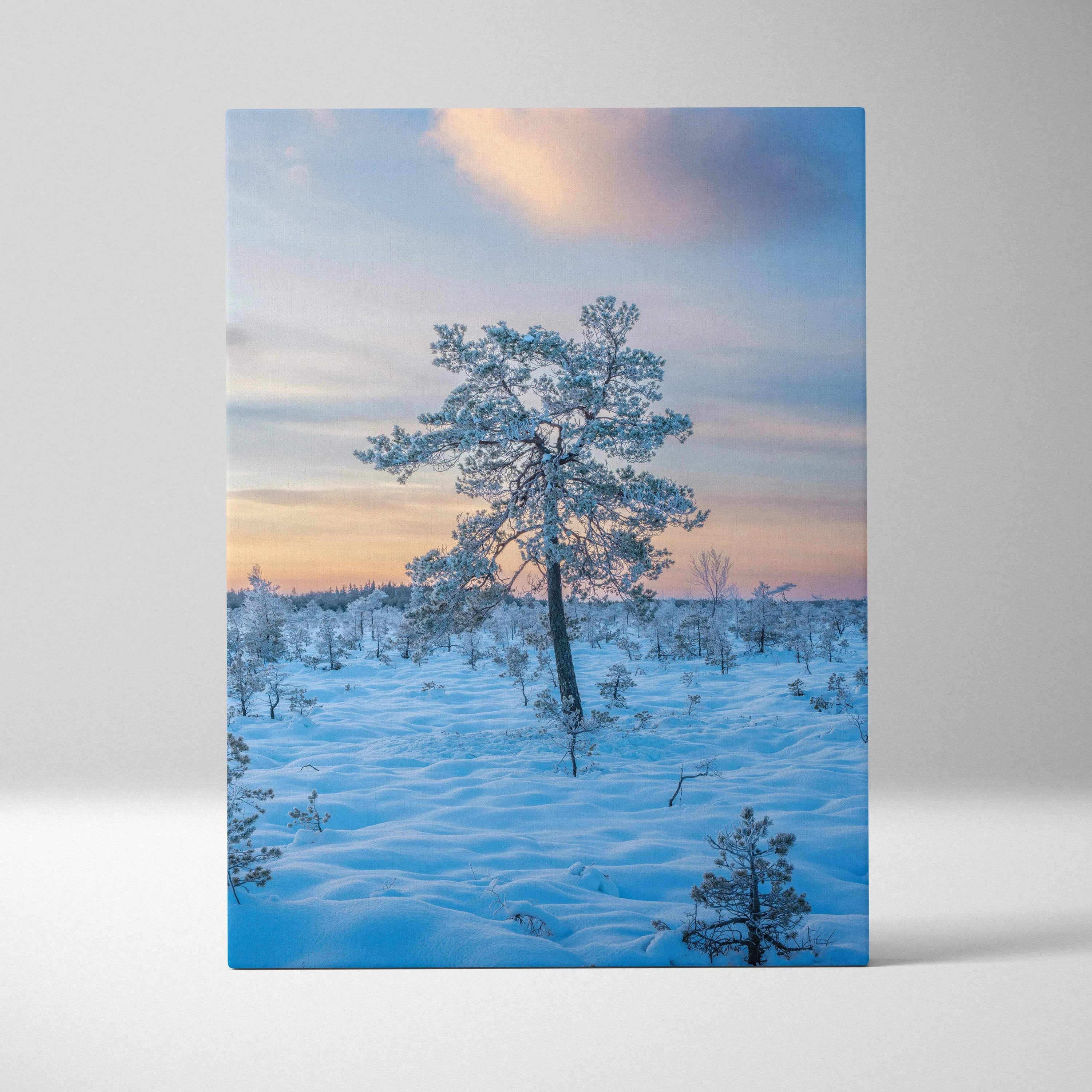 Canvas wall art featuring a snowy landscape with a lone tree under a colorful sunset sky.