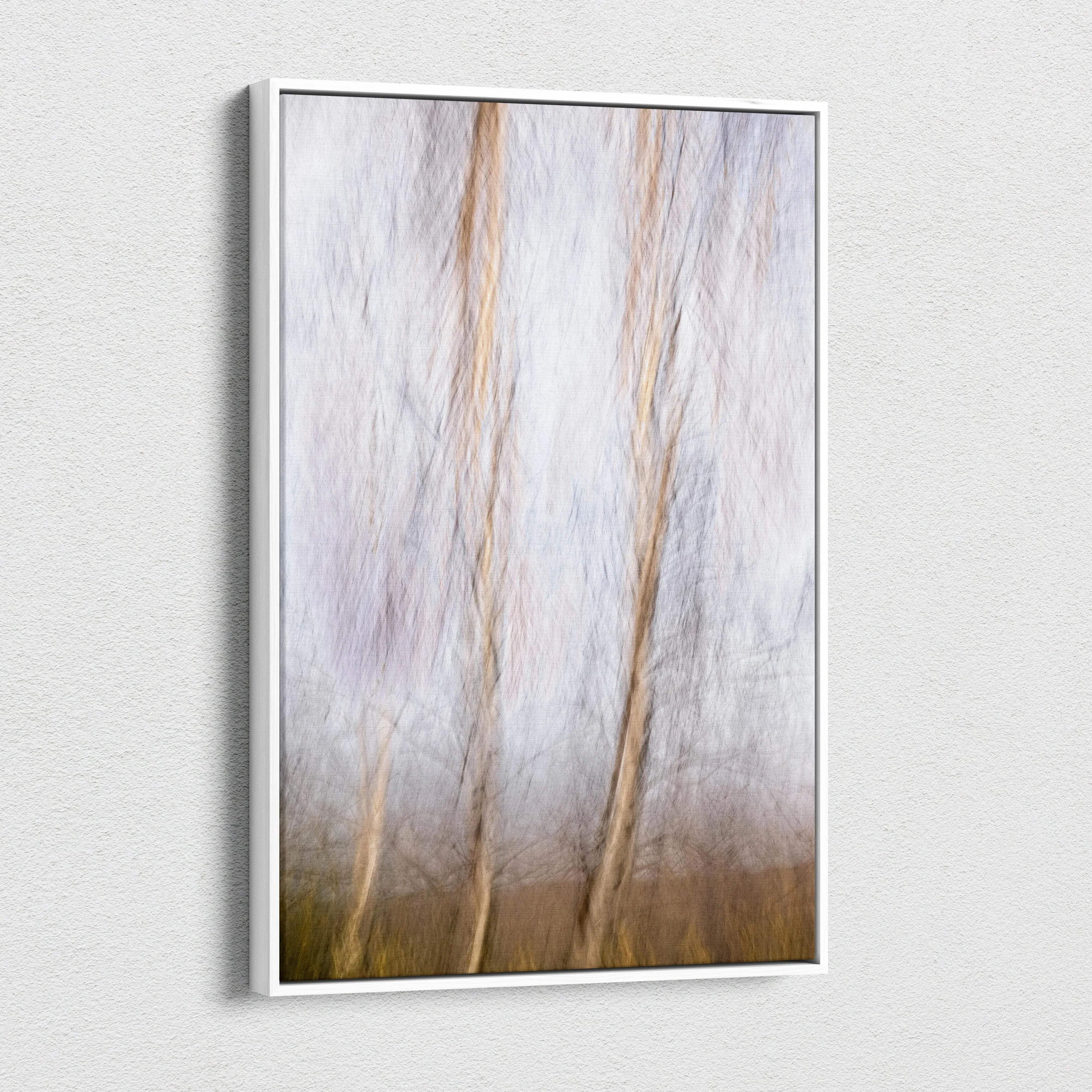Minimalist white-framed abstract forest motion blur canvas in beige gray tones