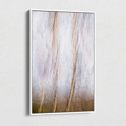 Minimalist white-framed abstract forest motion blur canvas in beige gray tones