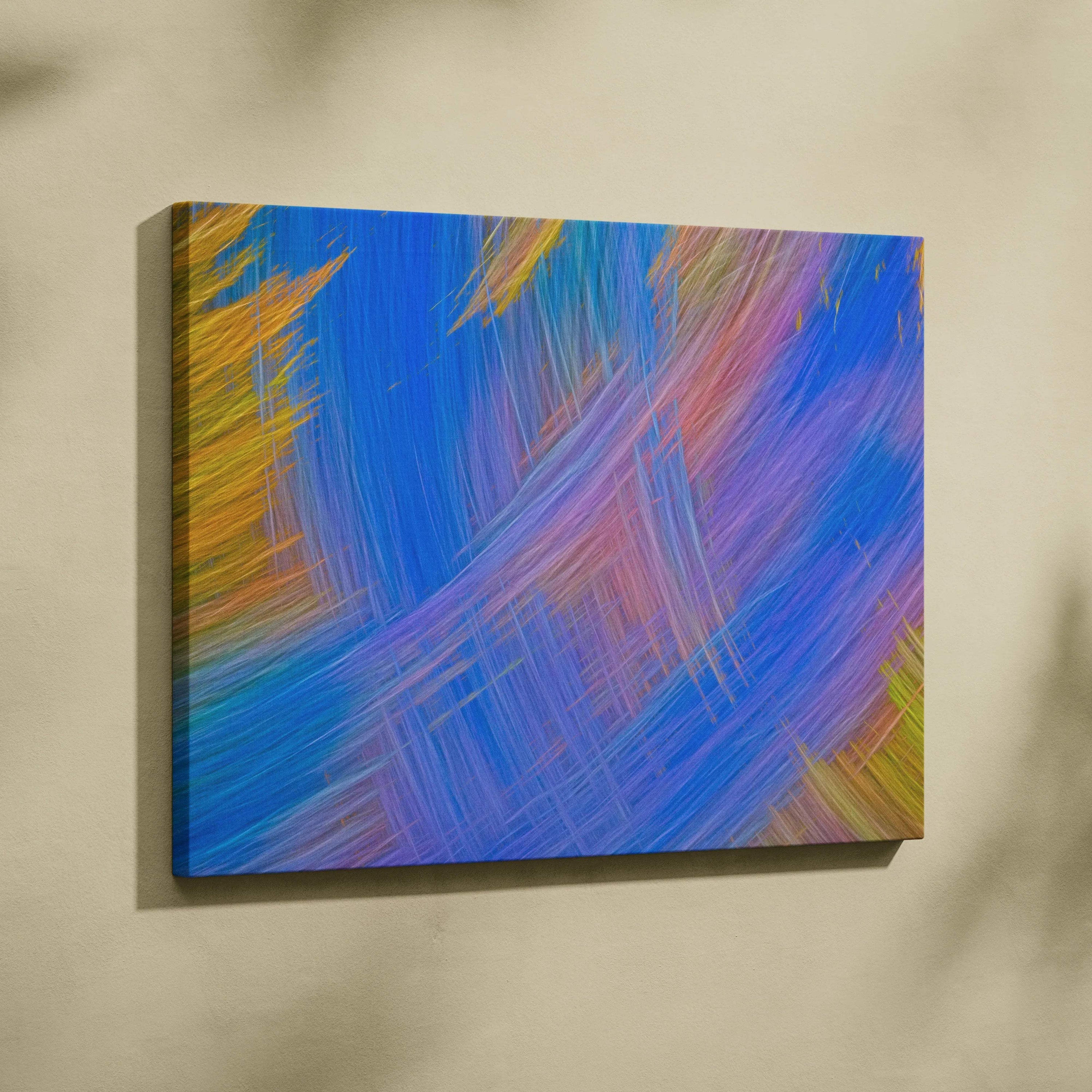 Vibrant abstract canvas wall art with diagonal blue purple pink gold streaks