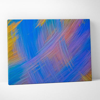 Vibrant abstract motion blur canvas wall art with diagonal streaks in blue, purple, pink, gold