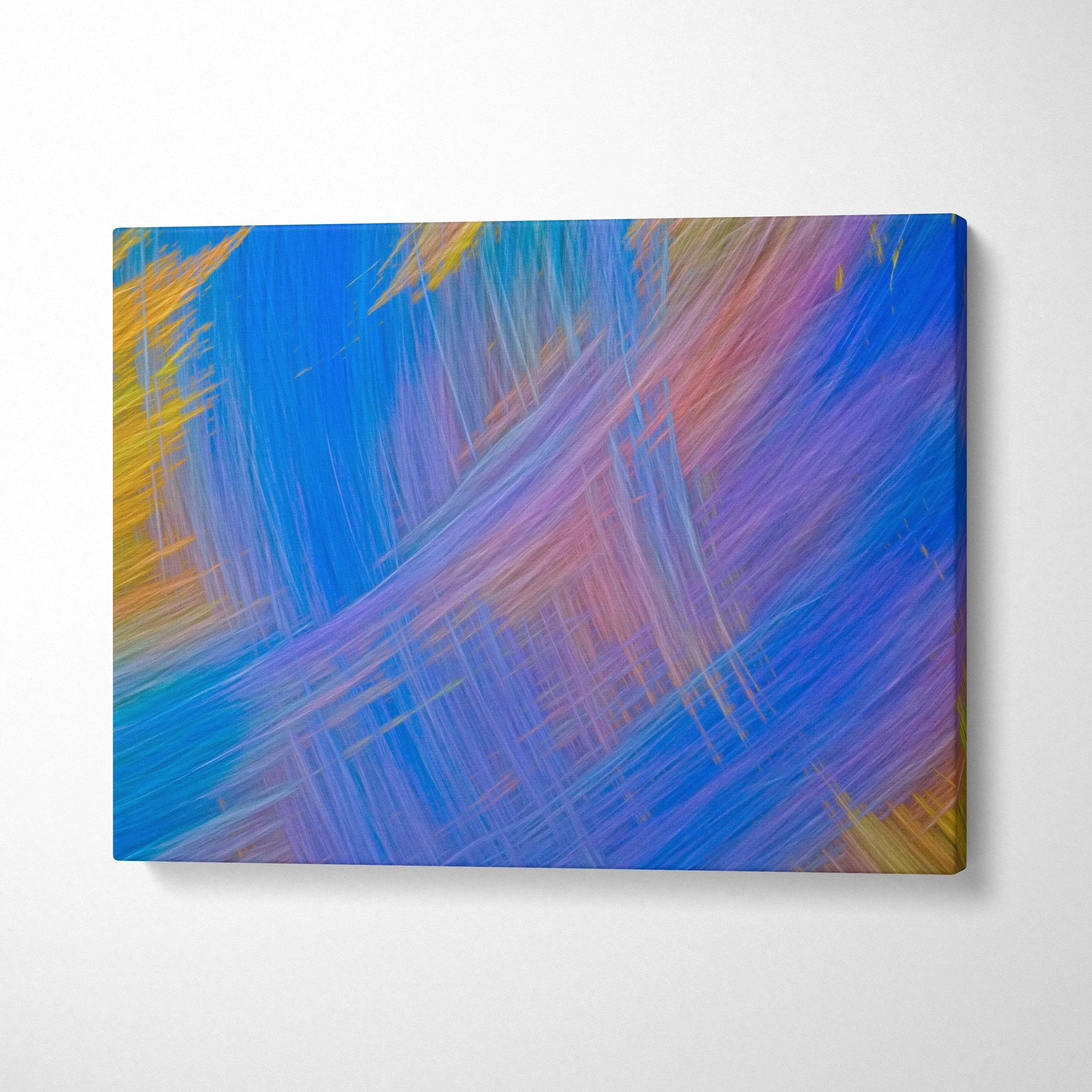 Vibrant abstract canvas wall art with diagonal blue purple pink gold streaks