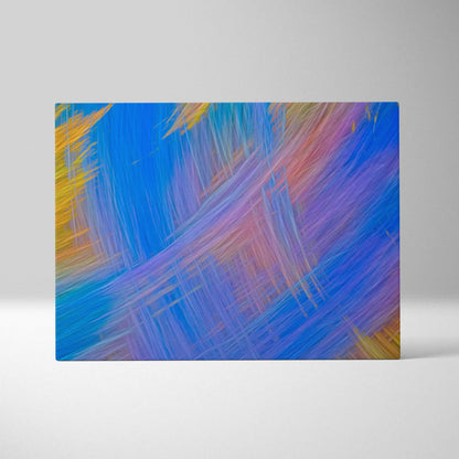 Vibrant abstract motion blur canvas art with diagonal streaks in blue purple pink gold