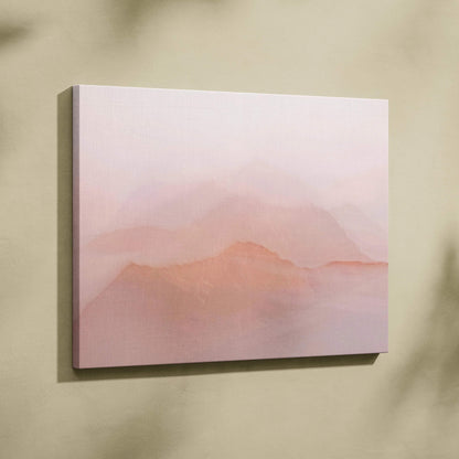 Soft pink misty mountains canvas wall art in blush peach tones