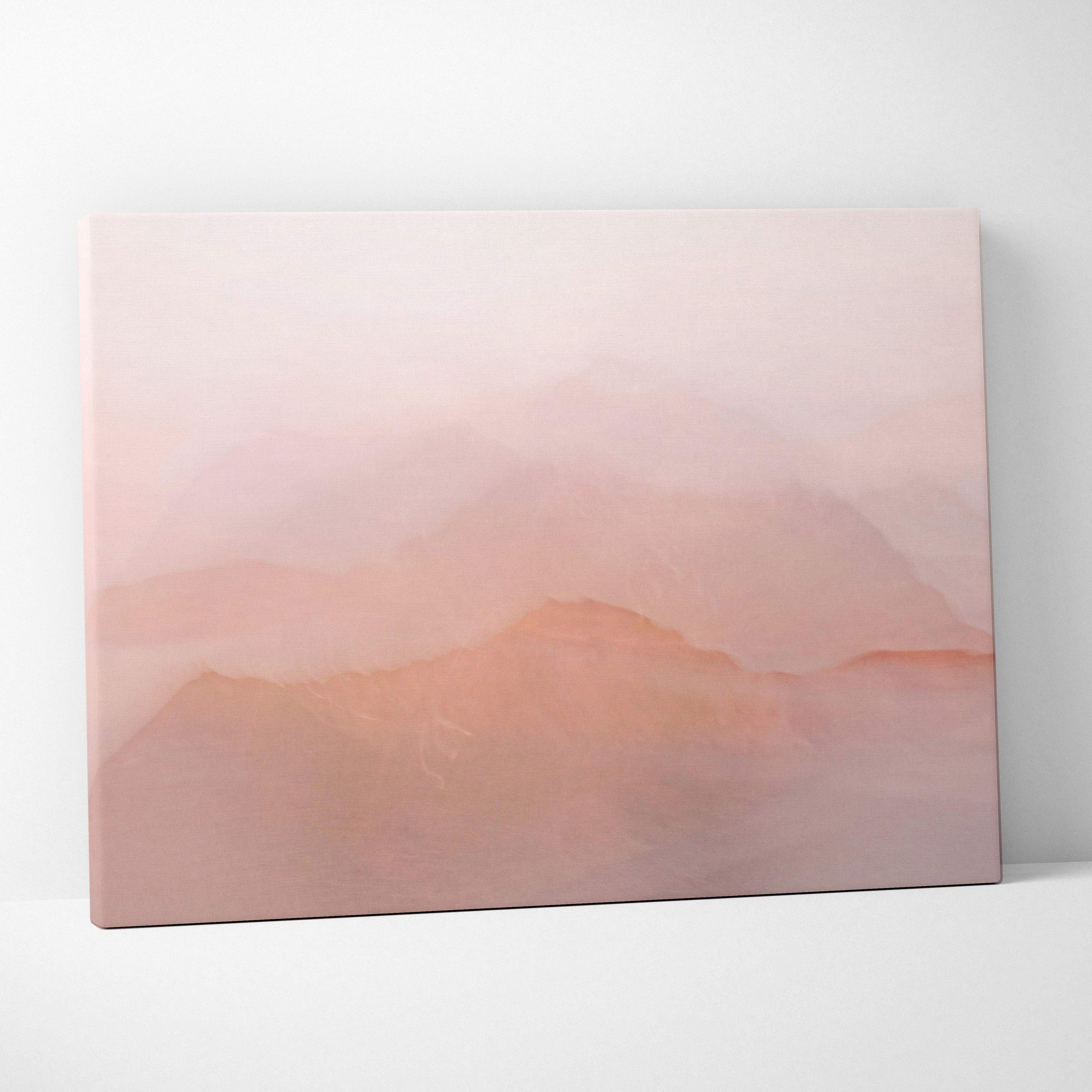 Soft pink gradient canvas print with misty layered mountain silhouettes