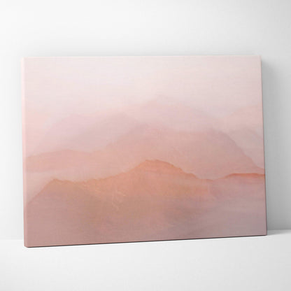 Soft pink gradient canvas print with misty layered mountain silhouettes