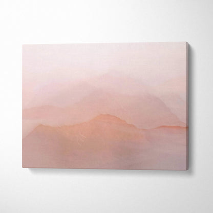 Soft pink gradient canvas print with misty layered mountain silhouettes