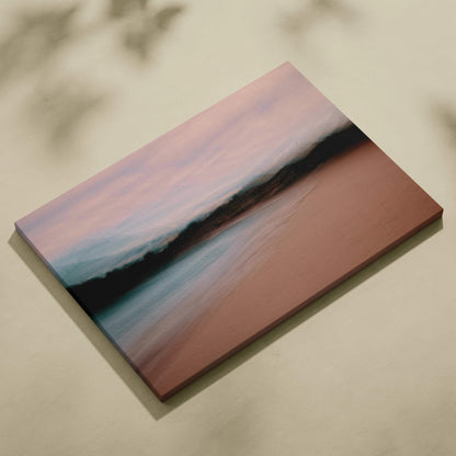 Dreamy beach seascape canvas print with pink sky and teal water