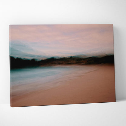 Dreamy beach seascape canvas art with soft pink sky and teal water